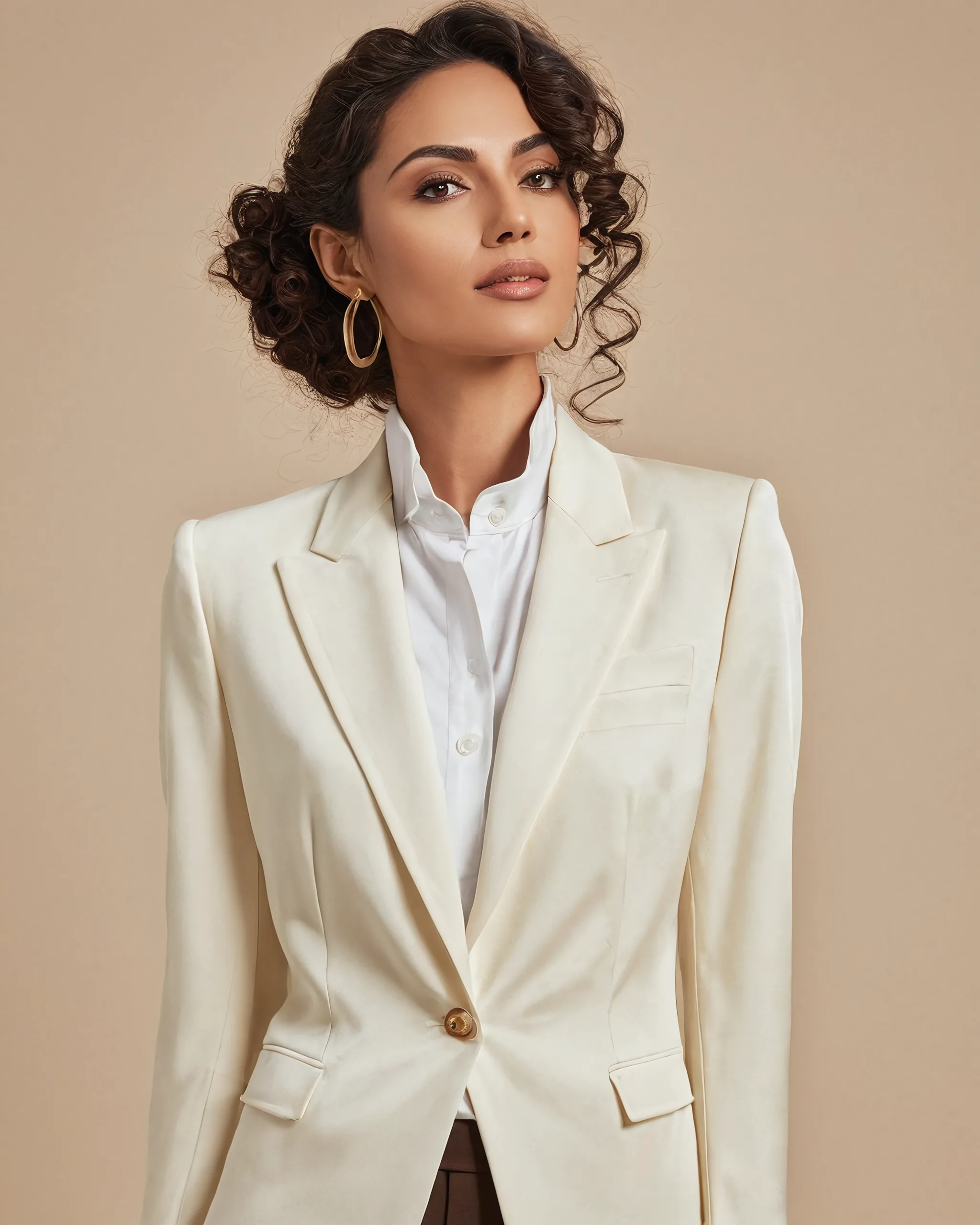 Editorial portrait of a woman in a buttoned white blouse and ivory blazer; decorative brand image.