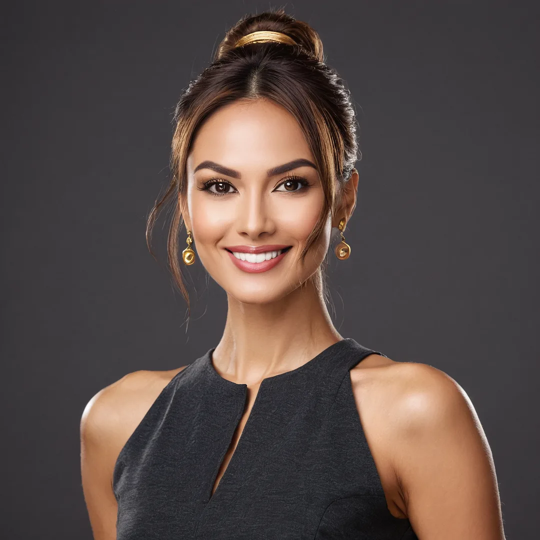 Warm editorial portrait of a smiling woman with her hair up; decorative brand image.