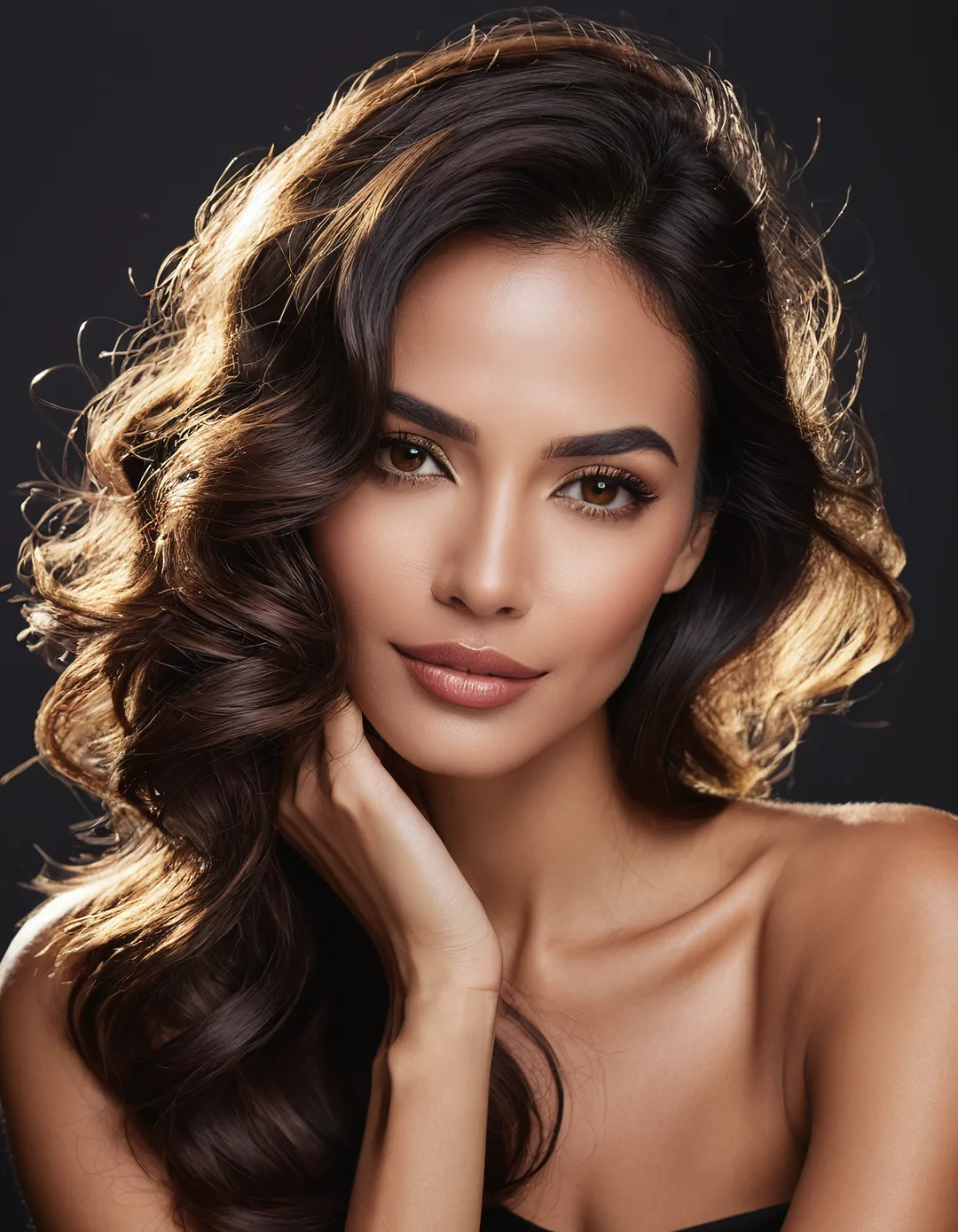 Retrato editorial de una mujer de cabello ondulado sobre fondo oscuro; imagen decorativa de marca.