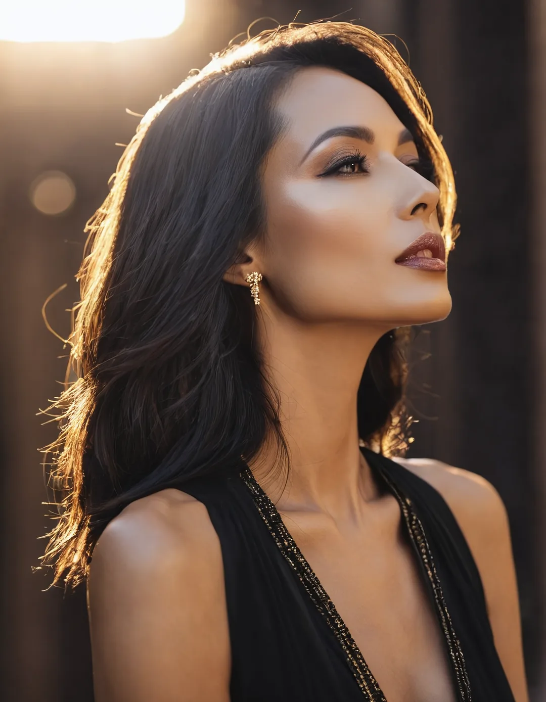 Editorial profile portrait in golden light, woman in a dark gown; decorative brand image.