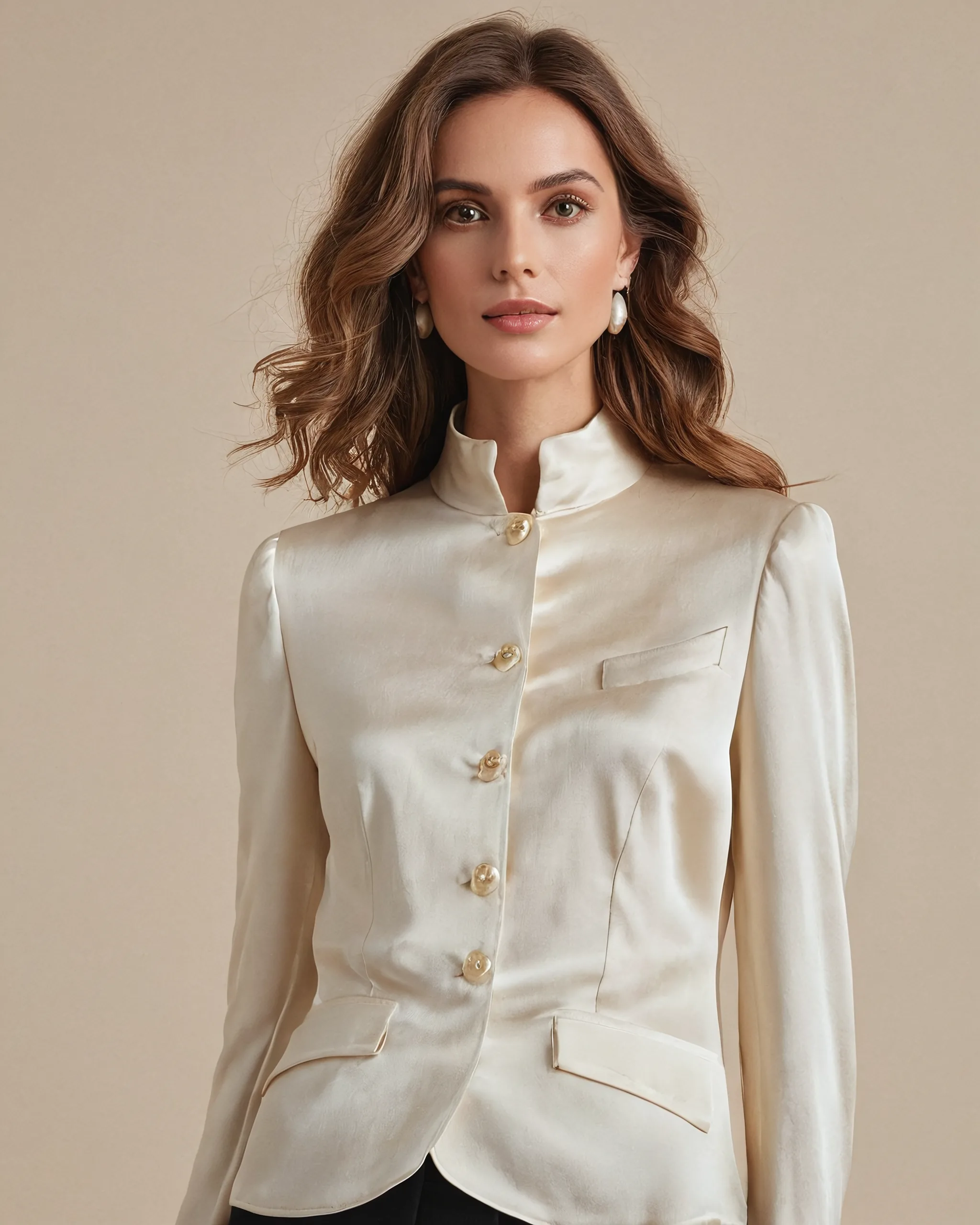 Editorial portrait of a woman in a buttoned high-neck ivory blazer; decorative brand image.