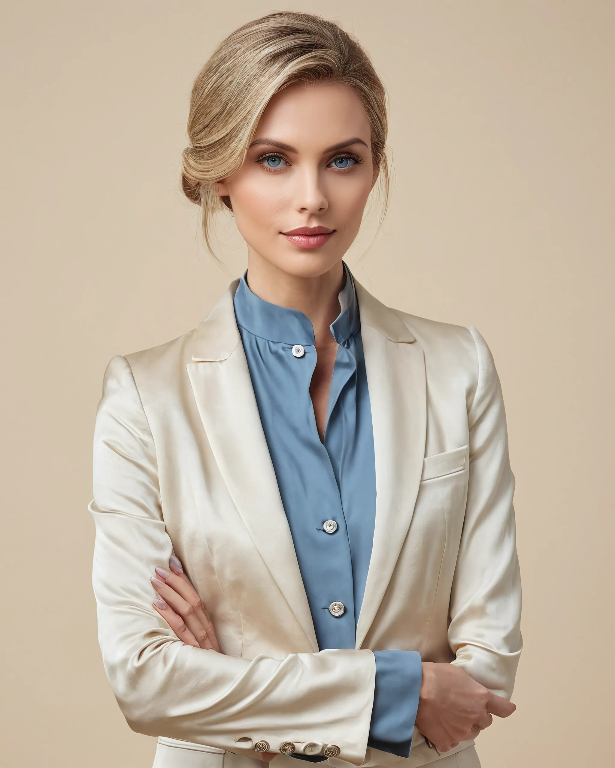 Editorial portrait of a woman in a blue silk mandarin-collar blouse; decorative brand image.