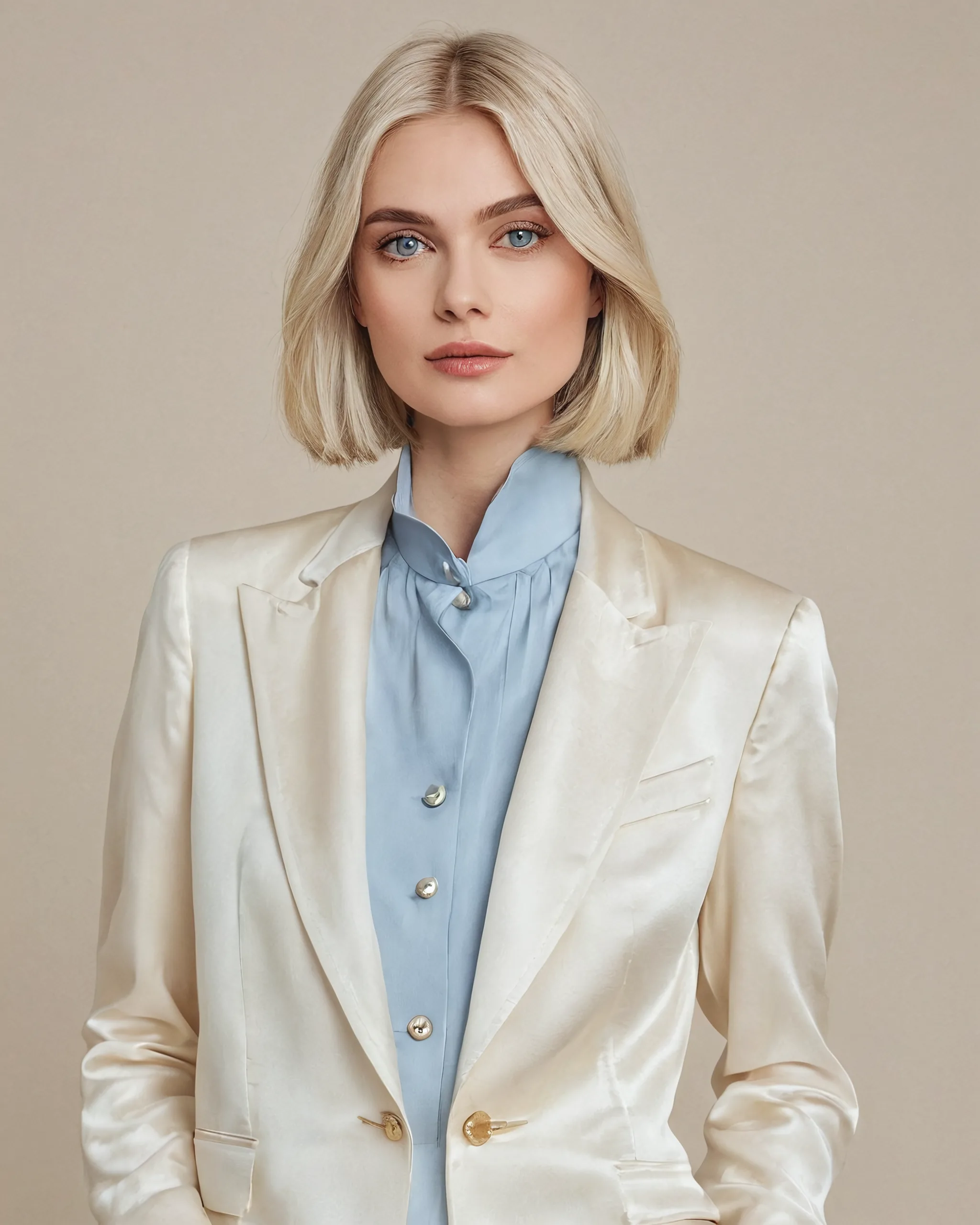 Editorial portrait of a woman in a buttoned light blue blouse and ivory blazer; decorative brand image.